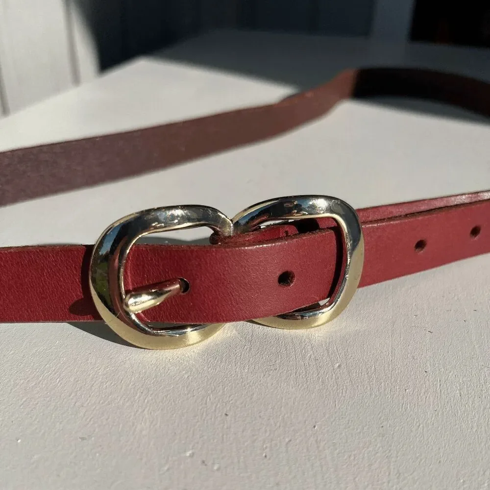 VTG Lands’ End Leather Belt Maroon Gold Buckle Boho Western Preppy Large